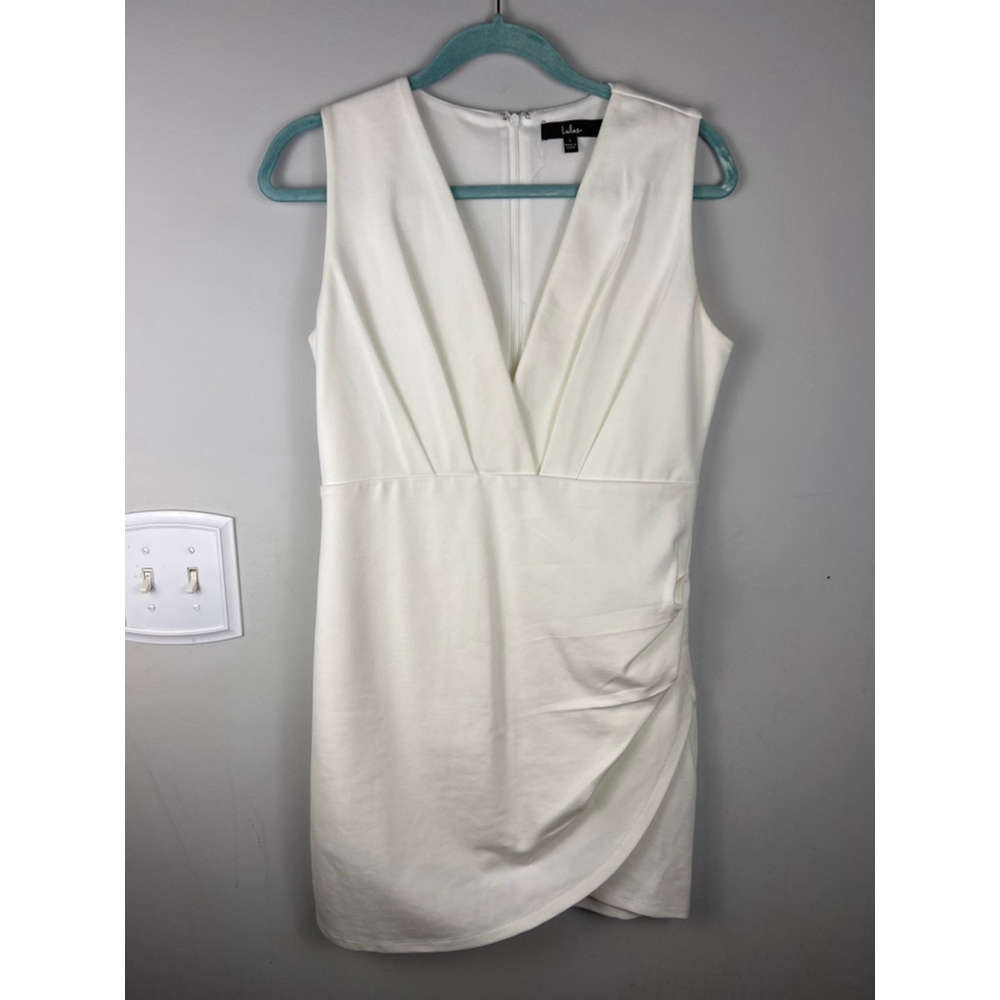 Lulus White Sleeveless Bodycon Dress Faux Wrap Stretch Zip Back Size L minimalis - Picture 2 of 6